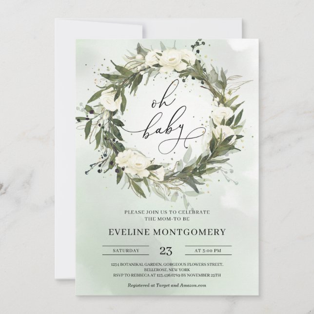 Modern Green Wreath White Roses Oh Baby Shower Invitation (Front)