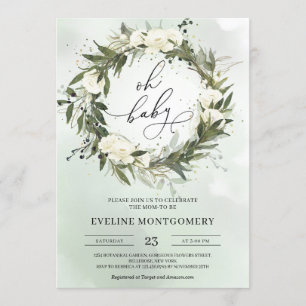 Modern Green Wreath White Roses Oh Baby Shower Invitation