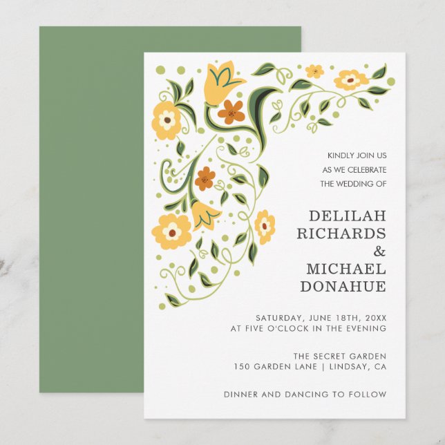 Modern Green Yellow Floral Elegant Wedding Invitation (Front/Back)