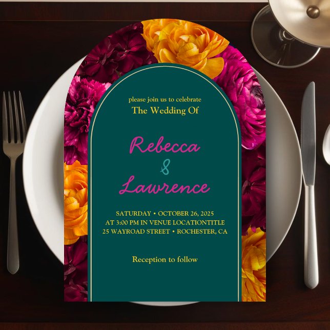 Modern green yellow hot pink floral wedding arch invitation (Creator Uploaded)