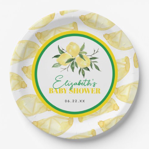 Modern Green Yellow Lemon Print Paper Plates