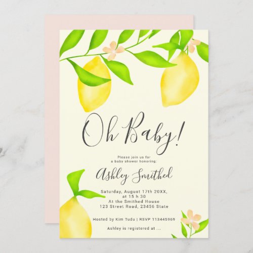 Modern green yellow lemon watercolor baby shower 2 invitation