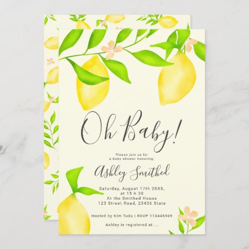 Modern green yellow lemon watercolor baby shower 3 invitation