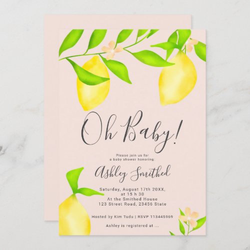 Modern green yellow lemon watercolor baby shower invitation
