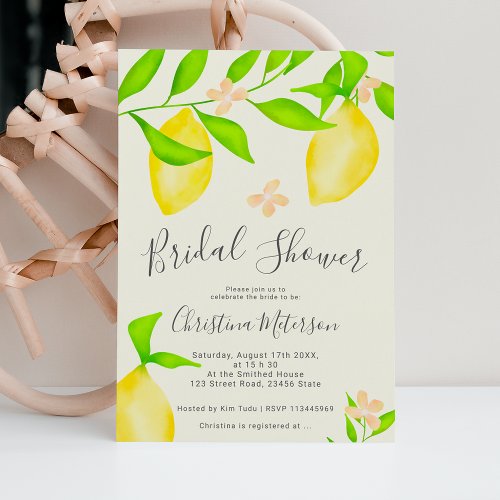 Modern green yellow lemon watercolor bridal shower invitation