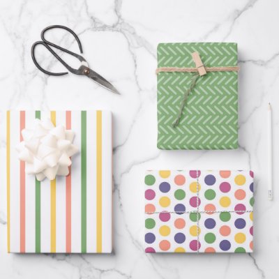 Modern Green, Yellow, Orange Stripes and Polka Dot Wrapping Paper Sheets