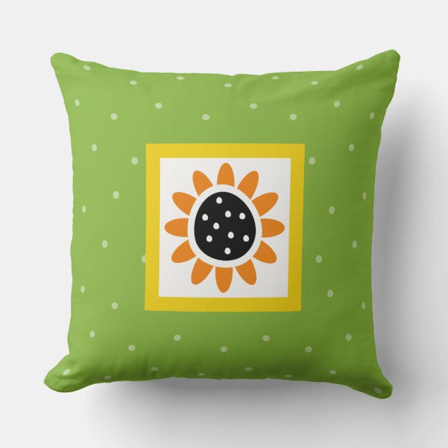 Modern Green Yellow Sunflower Polka Dot Pattern Throw Pillow (Front)