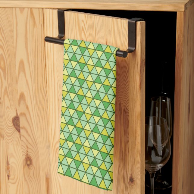 Modern Green Yellow Triangle Geometric Pattern Kitchen Towel (Thirds Fold)