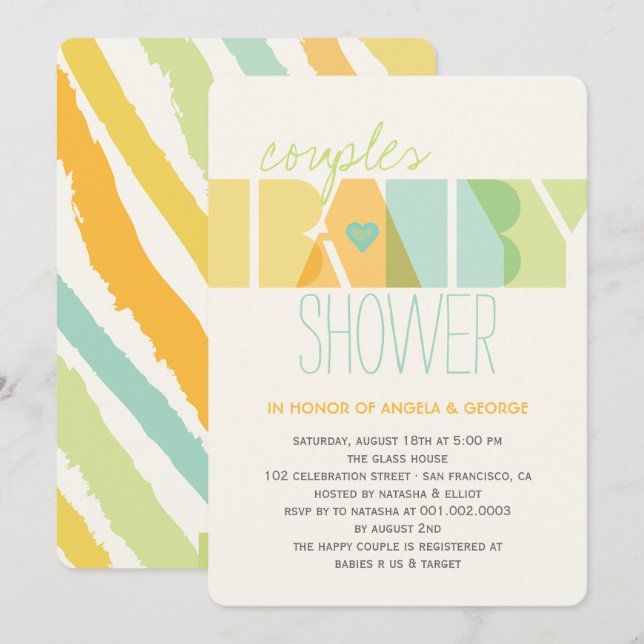 Modern Green Yellow Typography Couples Baby Shower Invitation (Front/Back)