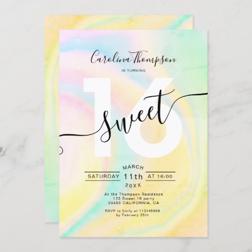 Modern green yellow unicorn marble Sweet 16 photo Invitation