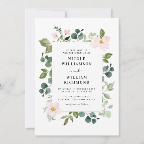 modern greenery and blush floral wedding invitation