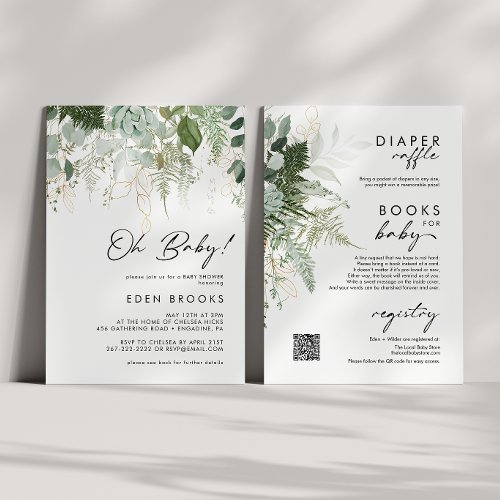 Modern Greenery and Gold All In One Baby Shower Invitation