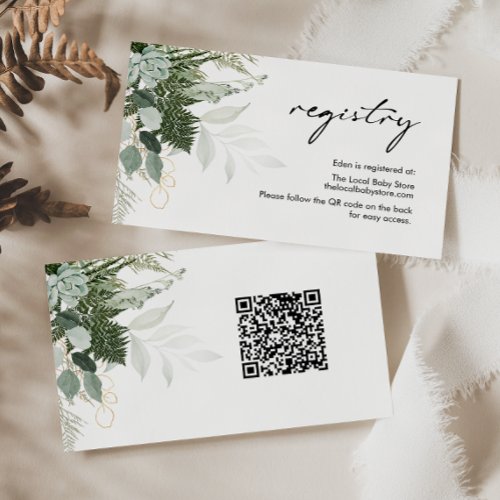 Modern Greenery and Gold Baby Registry QR Code  Enclosure Card