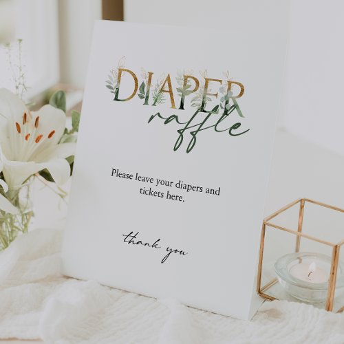 Modern Greenery and Gold Baby Shower Diaper Raffle Pedestal Sign