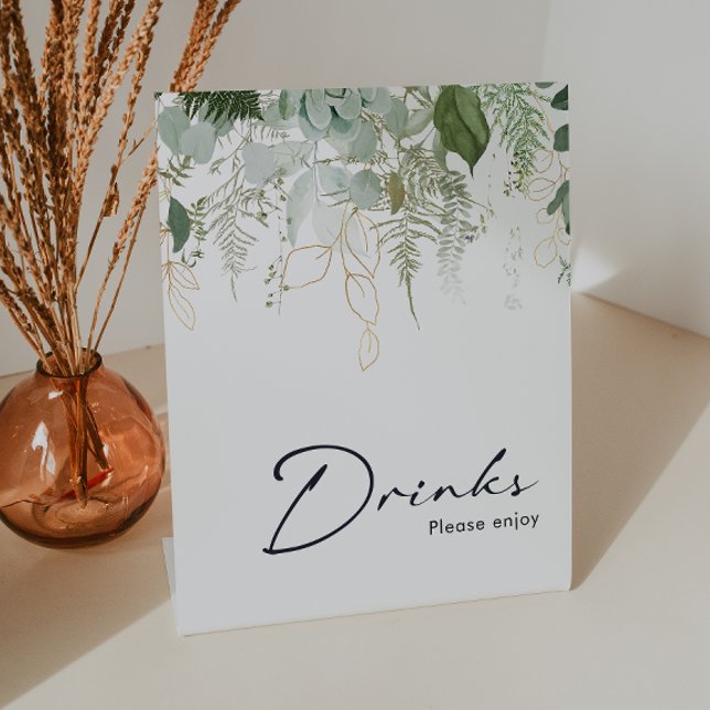 Modern Greenery and Gold Baby Shower Drinks Pedestal Sign (Creator Uploaded)