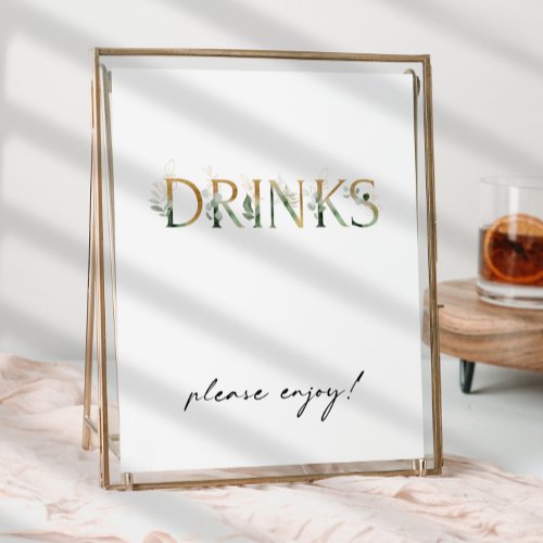 Modern Greenery and Gold Baby Shower Drinks Sign