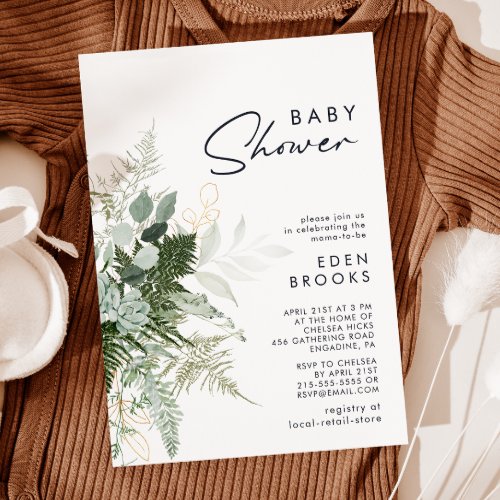 Modern Greenery and Gold Baby Shower Invitation