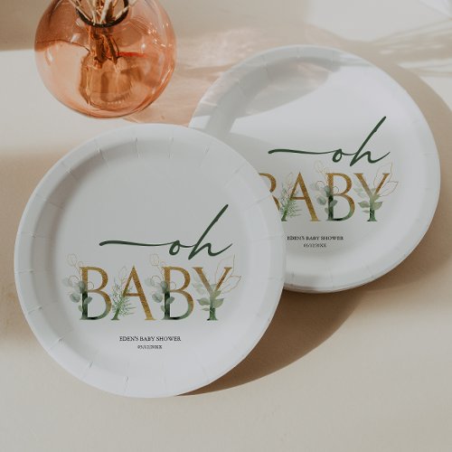 Modern Greenery and Gold Baby Shower Paper Plates