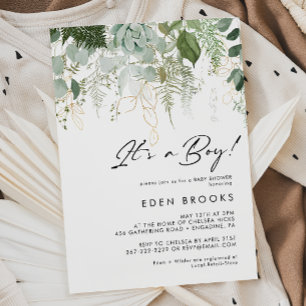 Modern Greenery and Gold Its A Boy Baby Shower Invitation