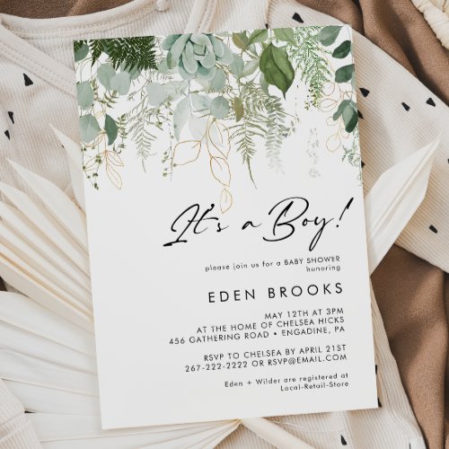 Modern Greenery and Gold Its A Boy Baby Shower Invitation
