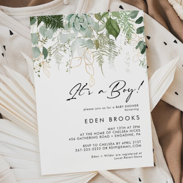 Modern Greenery and Gold Its A Boy Baby Shower Invitation (Creator Uploaded)
