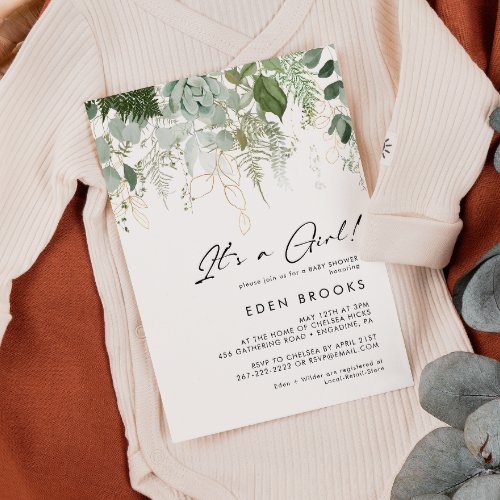 Modern Greenery and Gold Its A Girl Baby Shower Invitation