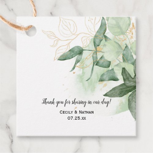 Modern Greenery and Gold Leaves Wedding Favor Tags