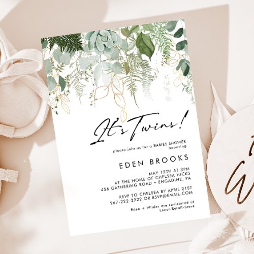 Modern Greenery and Gold Twins Baby Shower Invitation