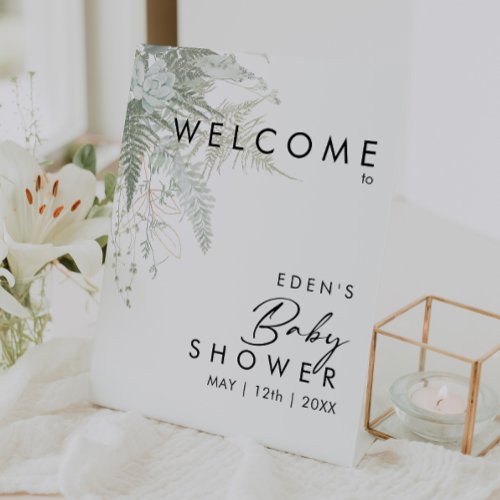 Modern Greenery and Gold Welcome Baby Shower Pedestal Sign