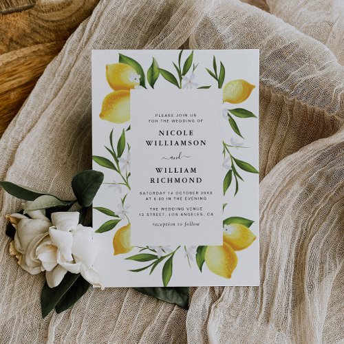 modern greenery and watercolor lemons wedding invitation