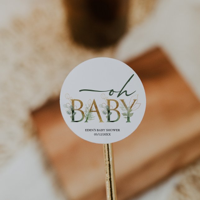 Modern Greenery Baby Shower Favor Classic Round Sticker (Creator Uploaded)