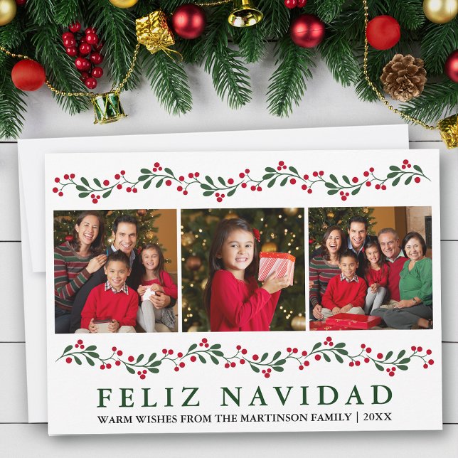Modern Greenery Berries Feliz Navidad 3 Photo Holiday Card (Customize to change text size, text style or text color.)