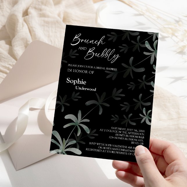 Modern Greenery Black Bridal Brunch And Bubbly Invitation (Creator Uploaded)