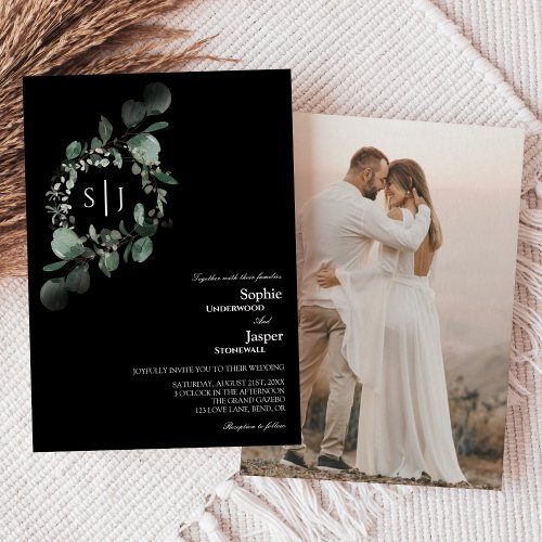 Modern Greenery Black Monogram Photo Wedding Invitation