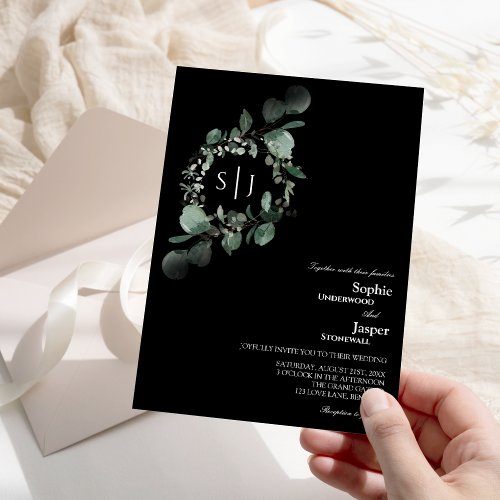 Modern Greenery Black Monogram Wedding Invitation