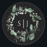 Modern Greenery Black Monogram Wedding Sticker<br><div class="desc">This modern greenery black monogram wedding sticker design features easy mix and match coordinating styles in black and white with delicate greenery elements adding graceful flourish around simple sophisticated typography and lovely minimal calligraphy script. The watercolor eucalyptus and other botanical leaves arch beautifully throughout, with dark emerald fading in an...</div>