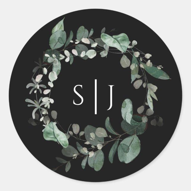 Modern Greenery Black Monogram Wedding Sticker (Front)
