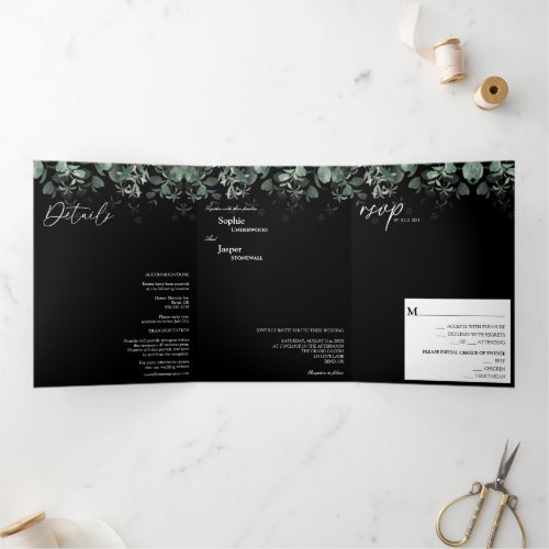 Modern Greenery Black Tri_Fold Wedding Invitation