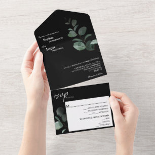 Modern Greenery Black Wedding All In One Invitation