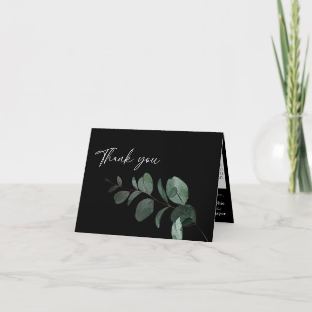 Modern Greenery Black Wedding Folded Letterpress Thank You Card (Front)