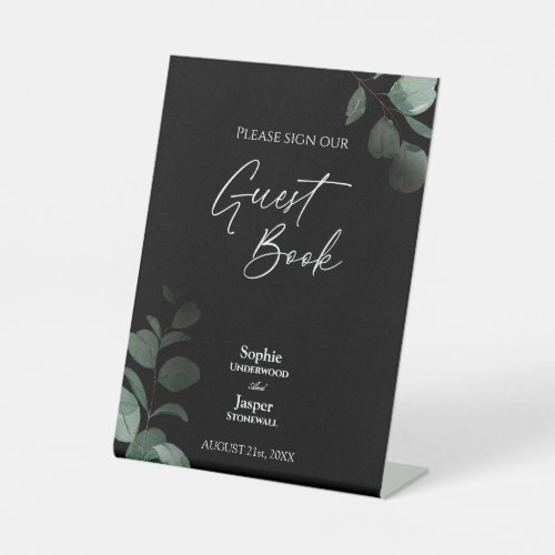 Modern Greenery Black Wedding Guest Book Sign