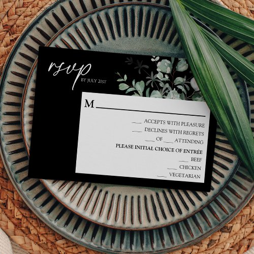 Modern Greenery Black Wedding Menu RSVP Card