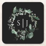 Modern Greenery Black Wedding Monogram Square Paper Coaster<br><div class="desc">This modern greenery black wedding monogram square paper coaster design features easy mix and match coordinating styles in black and white with delicate greenery elements adding graceful flourish around simple sophisticated typography and lovely minimal calligraphy script. The watercolor eucalyptus and other botanical leaves arch beautifully throughout, with dark emerald fading...</div>