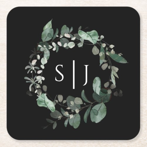 Modern Greenery Black Wedding Monogram Square Paper Coaster