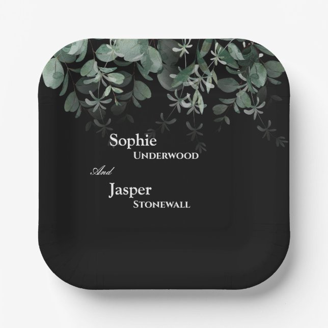 Modern Greenery Black Wedding Paper Plates (Front)