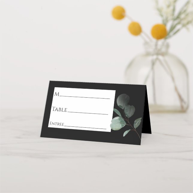 Modern Greenery Black Wedding Place Card (Front)