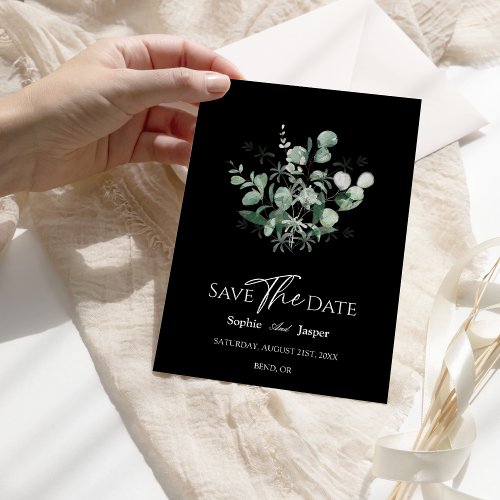 Modern Greenery Black Wedding Save The Date Card