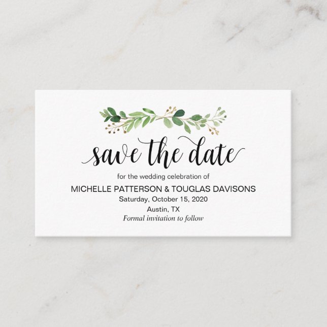 Modern Greenery, Black, Wedding Save the date Enclosure Card (Front)