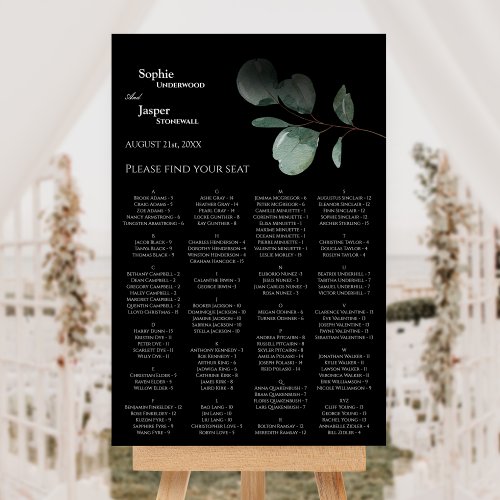 Modern Greenery Black Wedding Seating Chart Sign