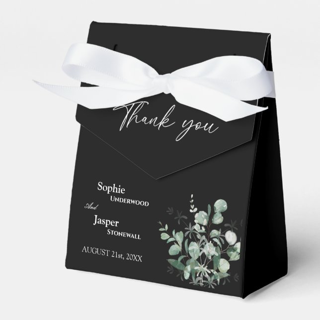 Modern Greenery Black Wedding Thank You Favor Boxes (Front Side)